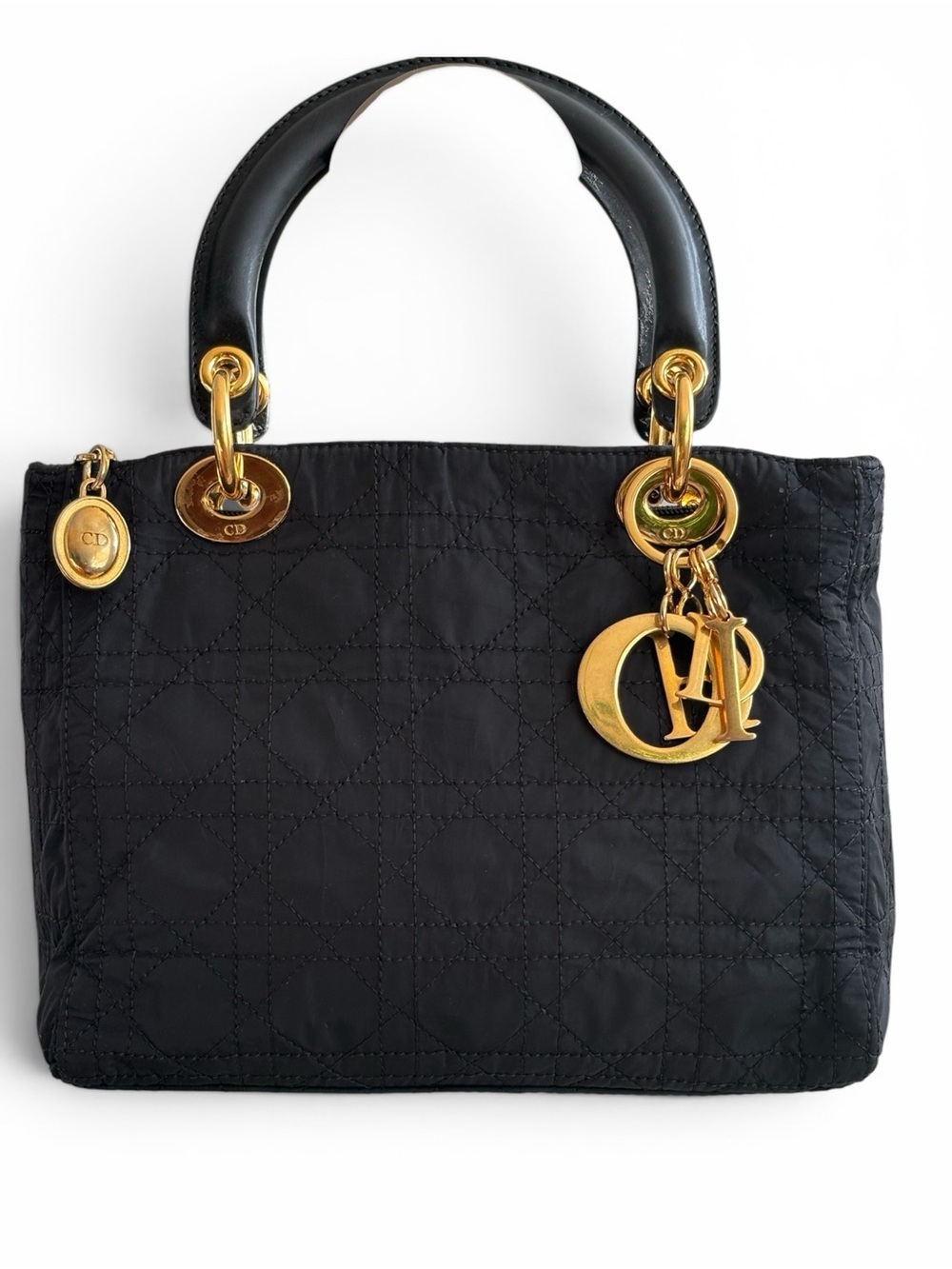 Lady Dior Nylon small black Quilted bag with gold charms